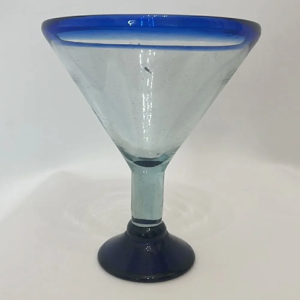 Blue Margarita Glass Hand Blown 4 Cups 6 1/2 In Round 7 3/4 Tall